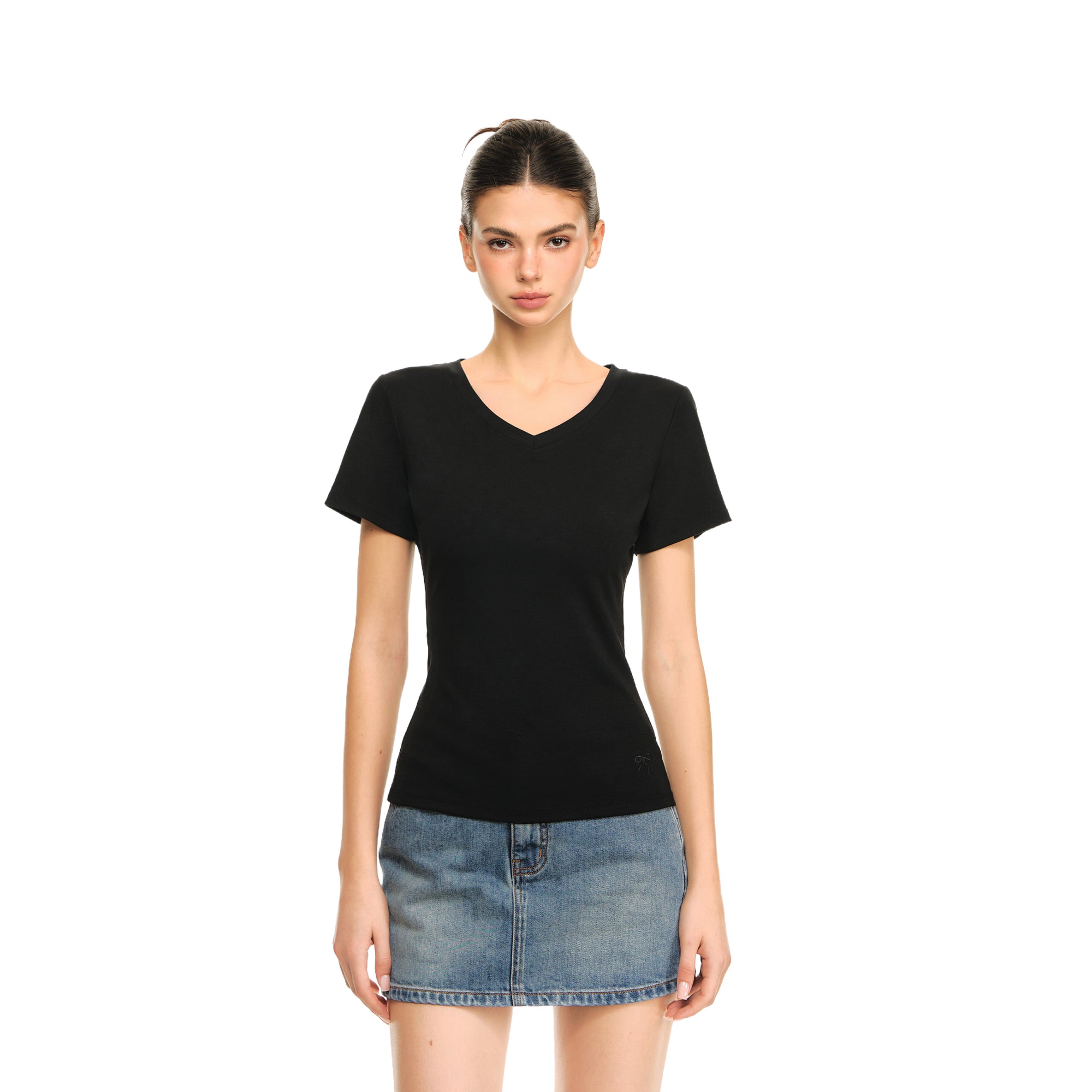 Black Skin-friendly Lyocell V-neck Simple Short T