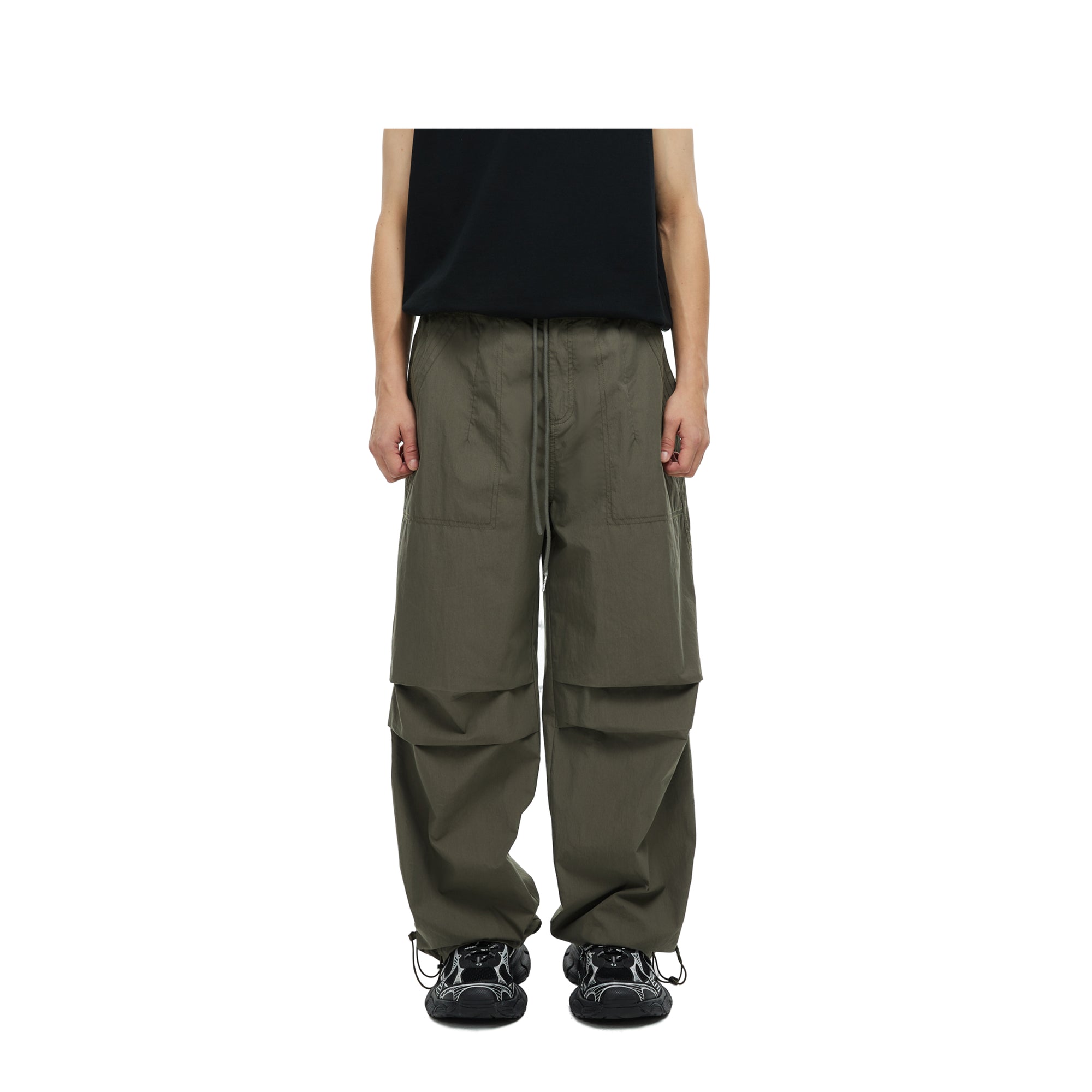 Army Green Drawstring Pleated Drop-Crotch Wide-Leg Cargo Pants