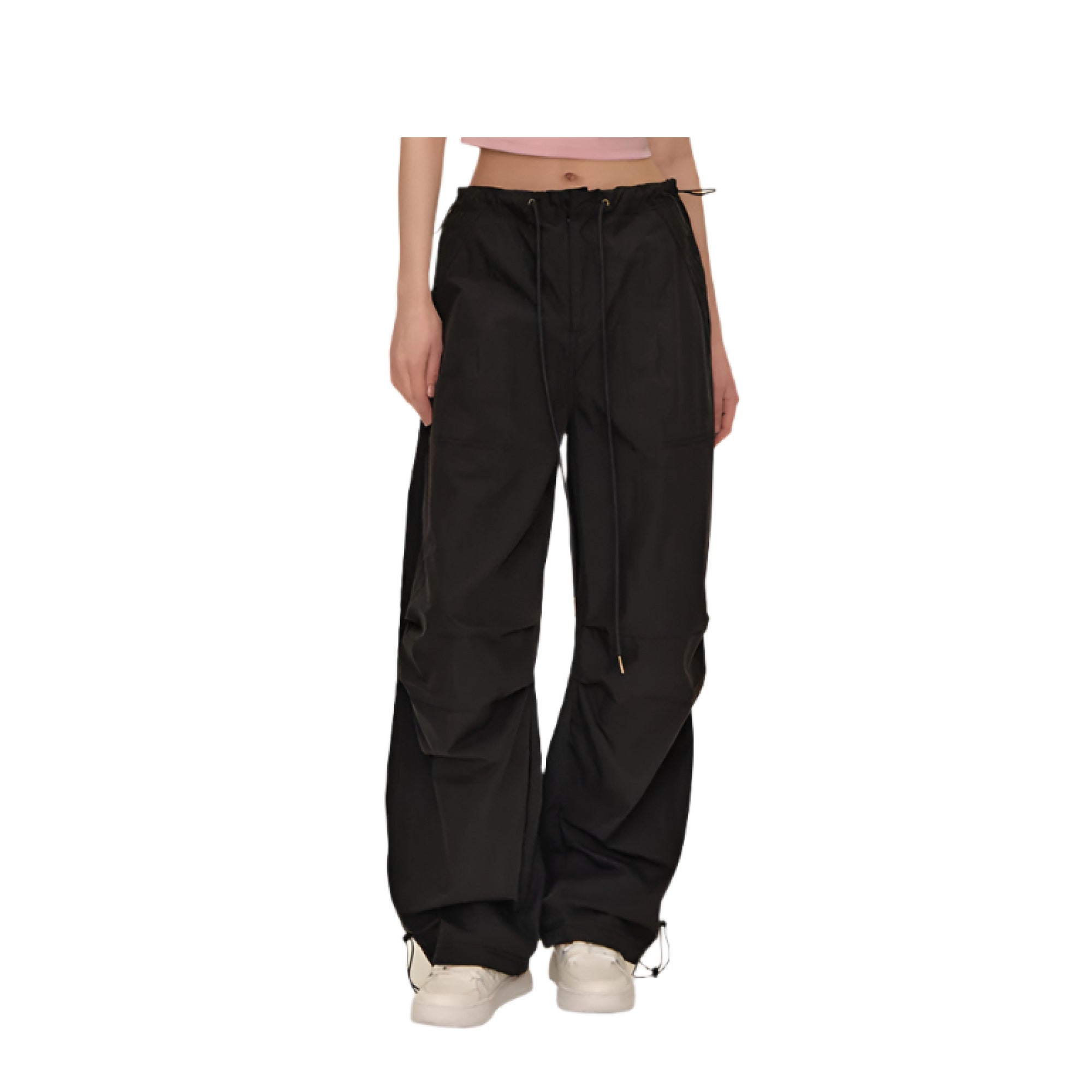 Black Drawstring Pleated Drop-Crotch Wide-Leg Cargo Pants