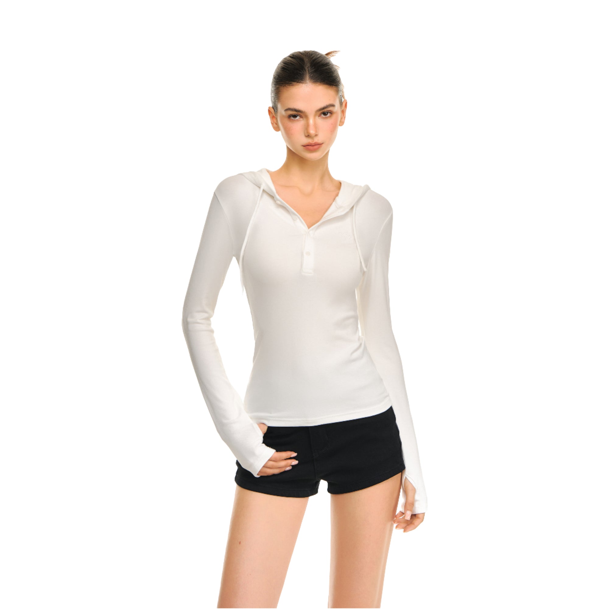 White Hooded Henley Collar Stretch Knitted Slim Fit Long Sleeves