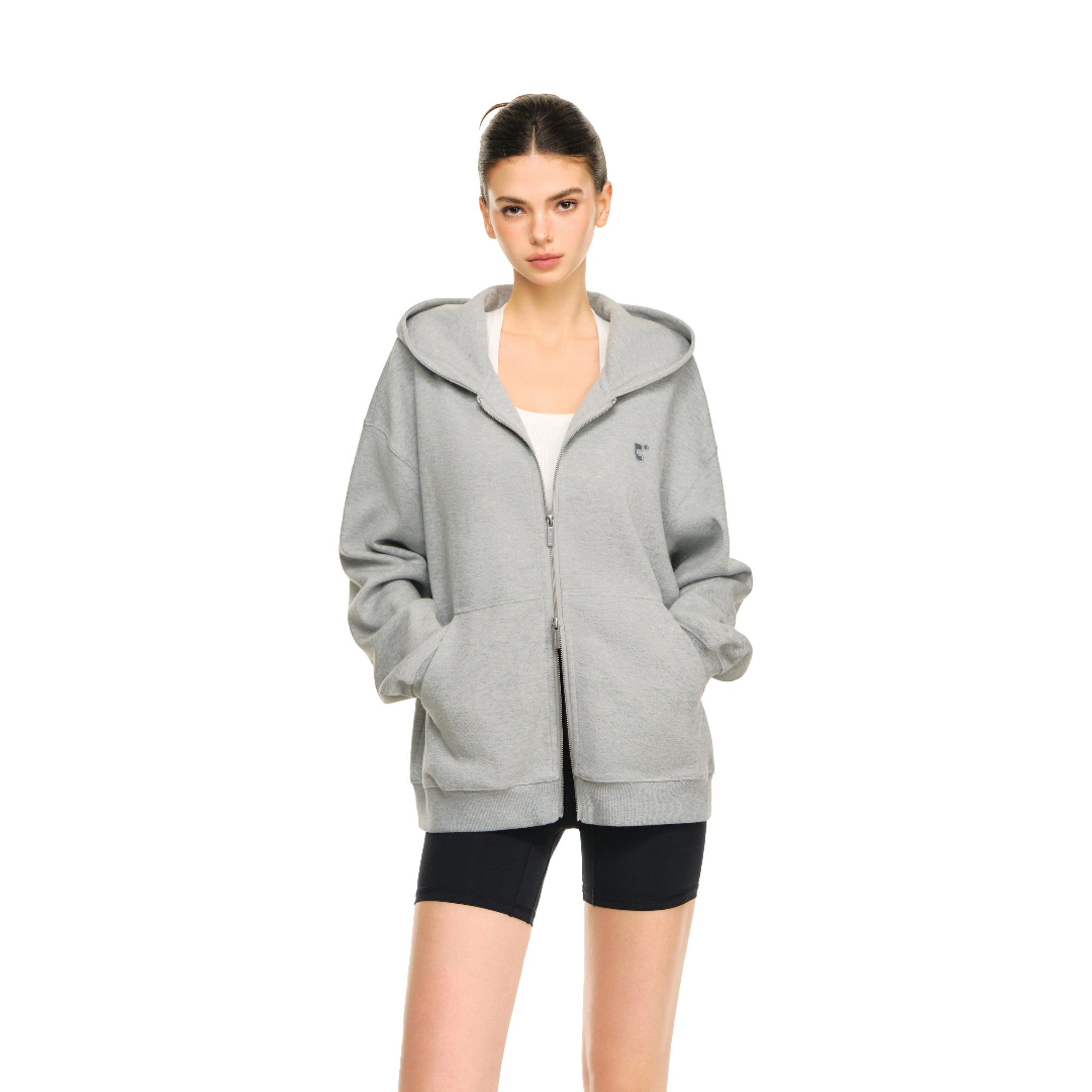 Grey Embroidered Oversized Piqué Zip-Up Hoodie
