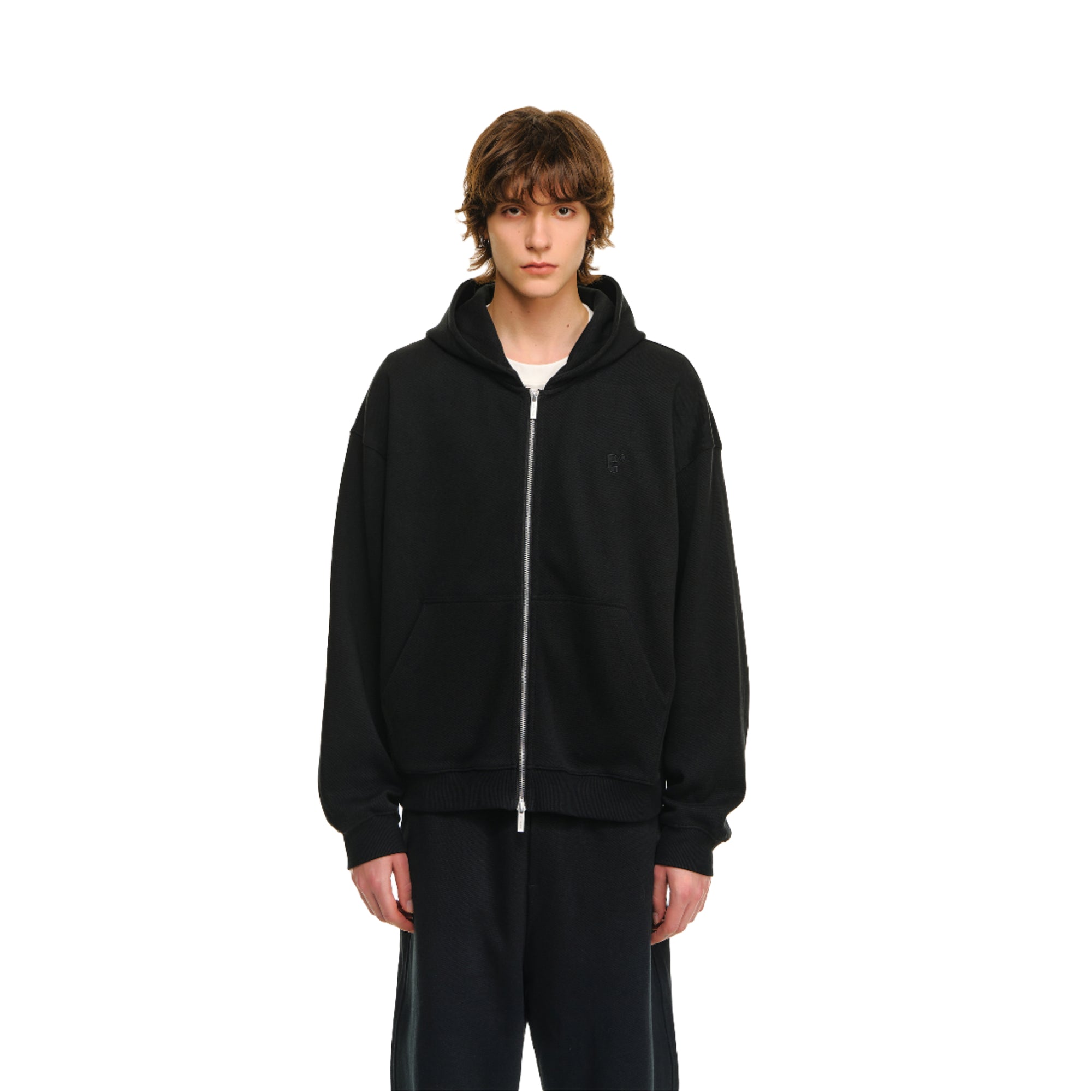 Black Embroidered Oversized Piqué Zip-Up Hoodie