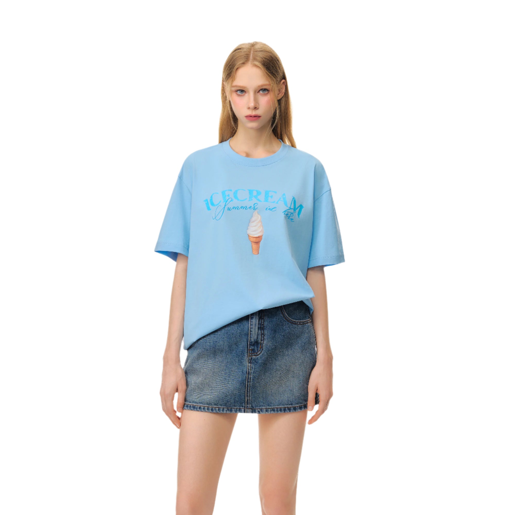 Blue Ice Cream Fun Print Short Sleeve T-Shirt