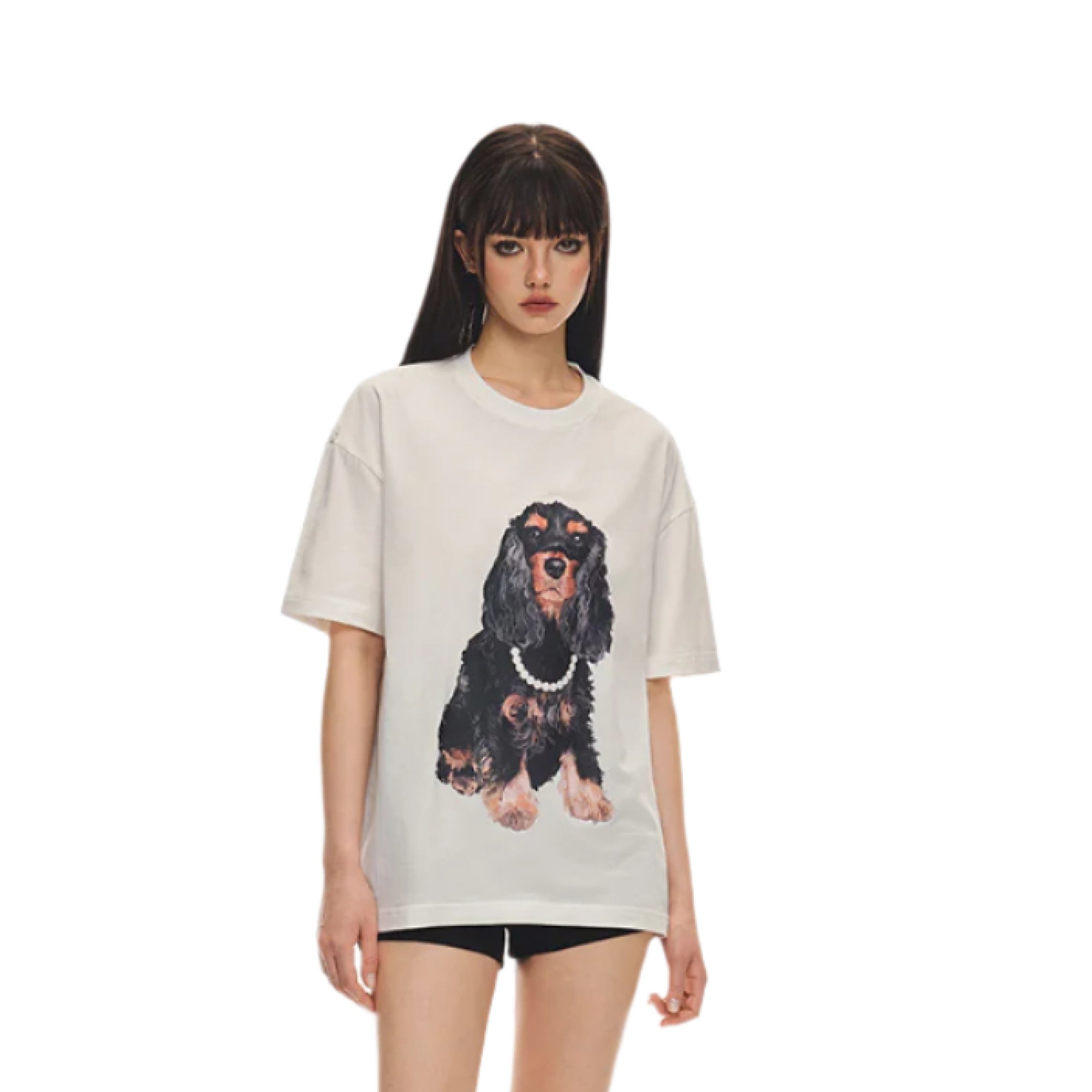 White pearl puppy print short sleeves