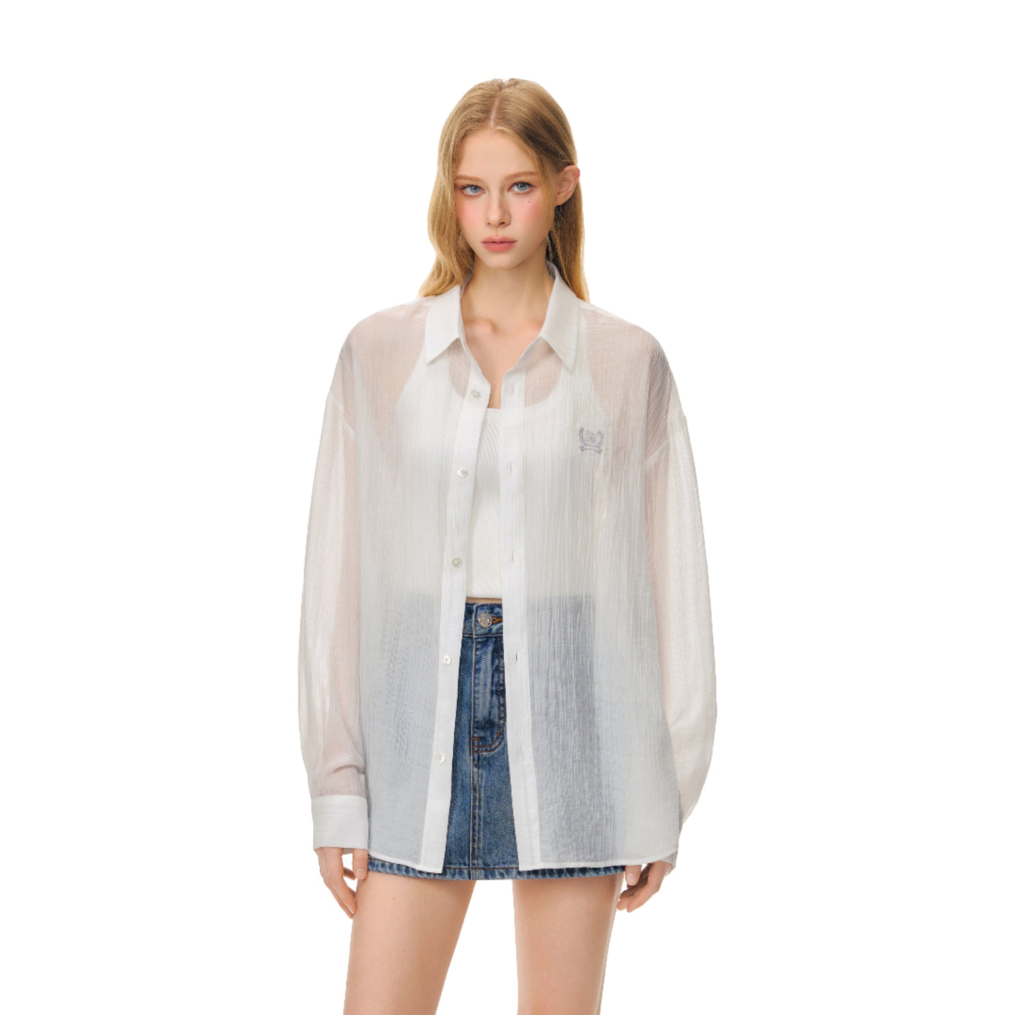 White Lightweight Casual Tencel Wrinkled Embroidered Shirt