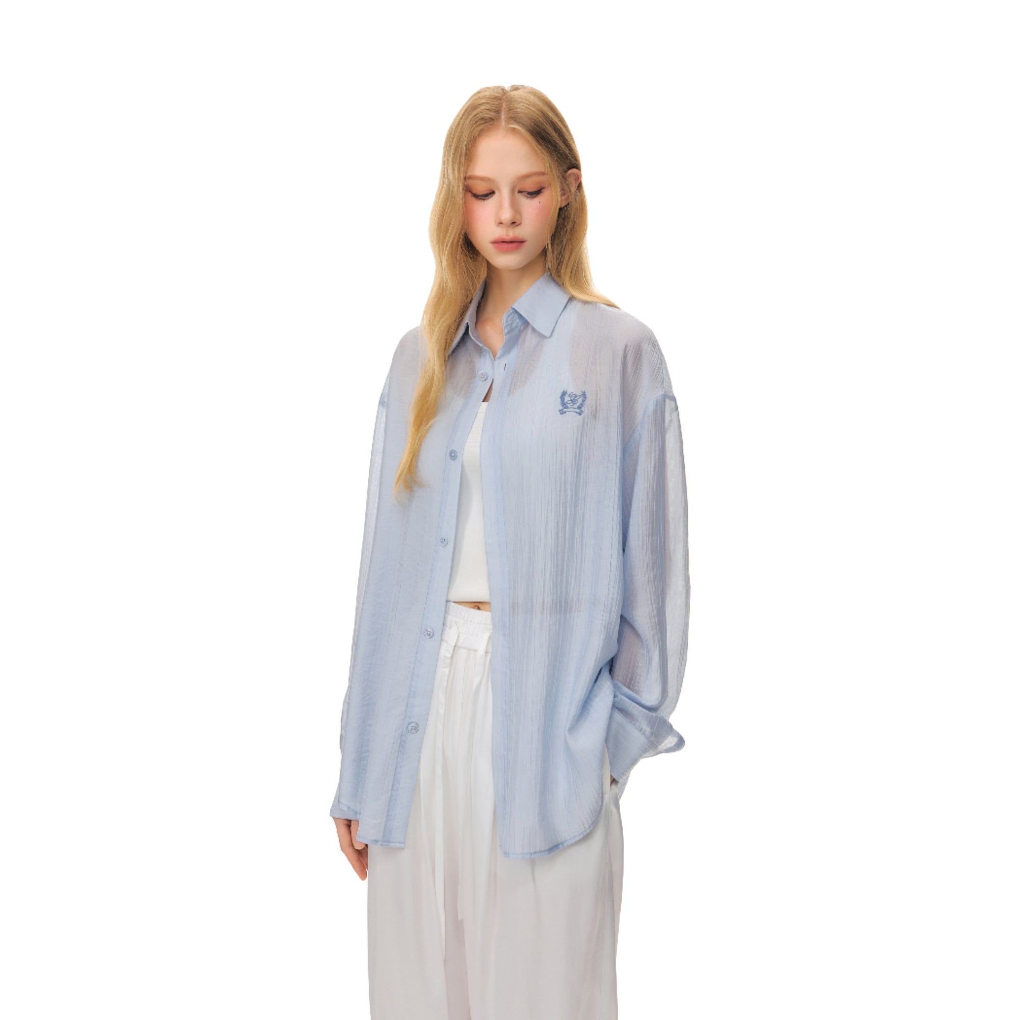 Blue Lightweight Casual Tencel Wrinkled Embroidered Shirt
