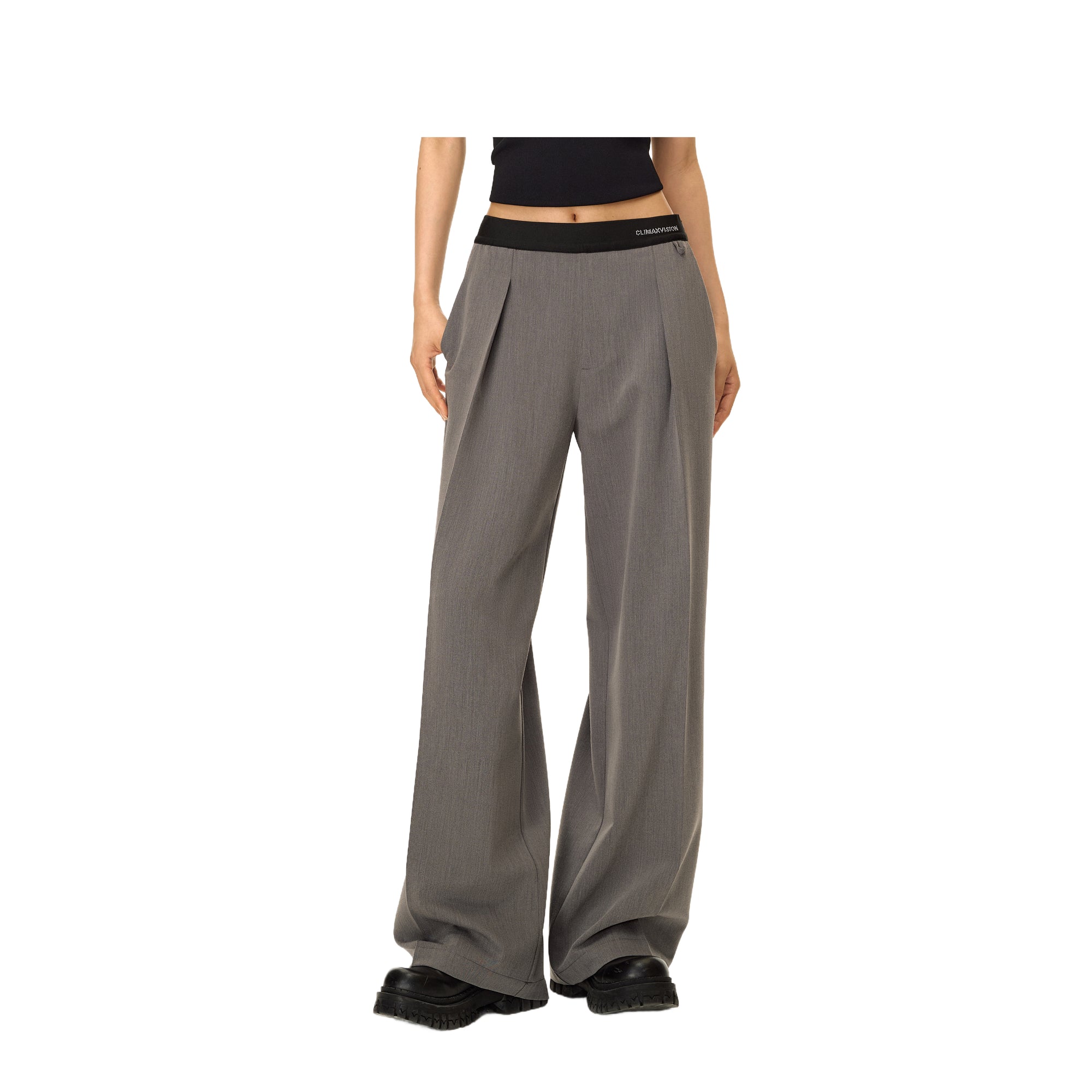 Grey Rhinestone Elastic Waist Slim Wool Trousers