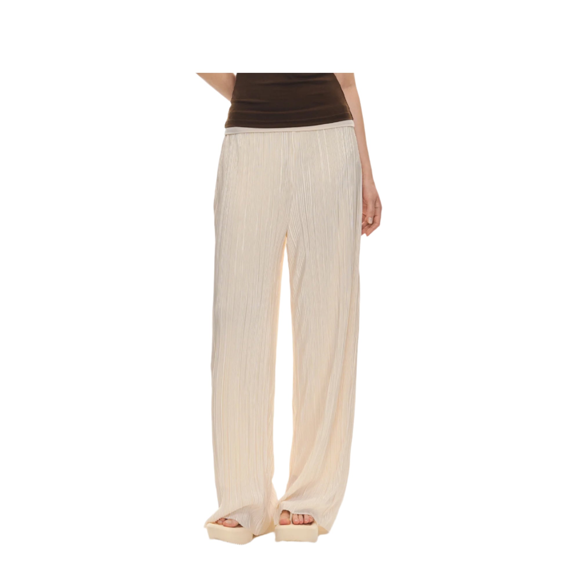Beige Pleated Wide Leg Pants