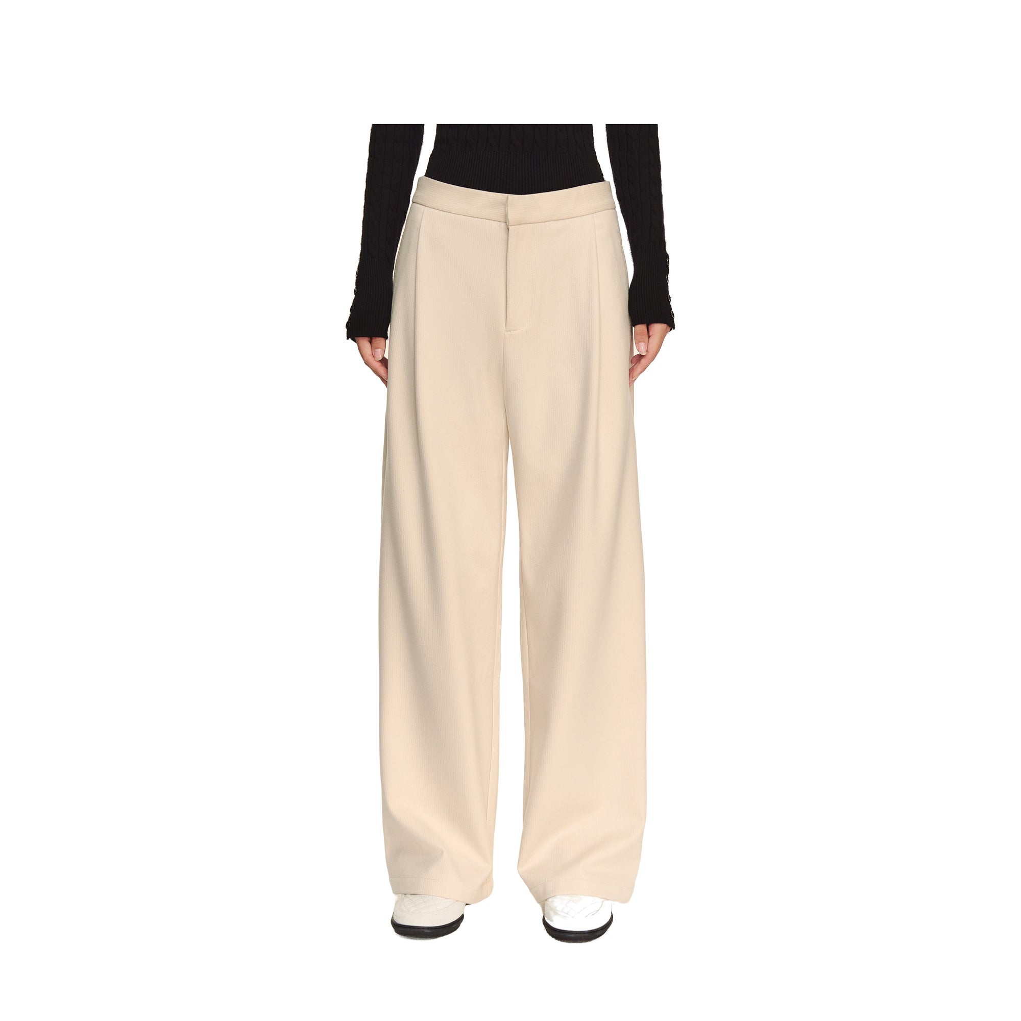 Beige Tencel Wool Slim Pleated Casual Trousers