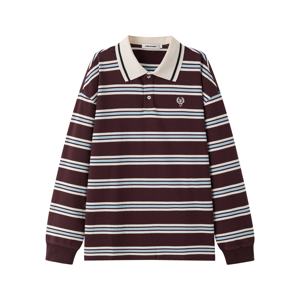 Burgundy Color-Blocked Striped Embroidered Polo Shirt Long Sleeve