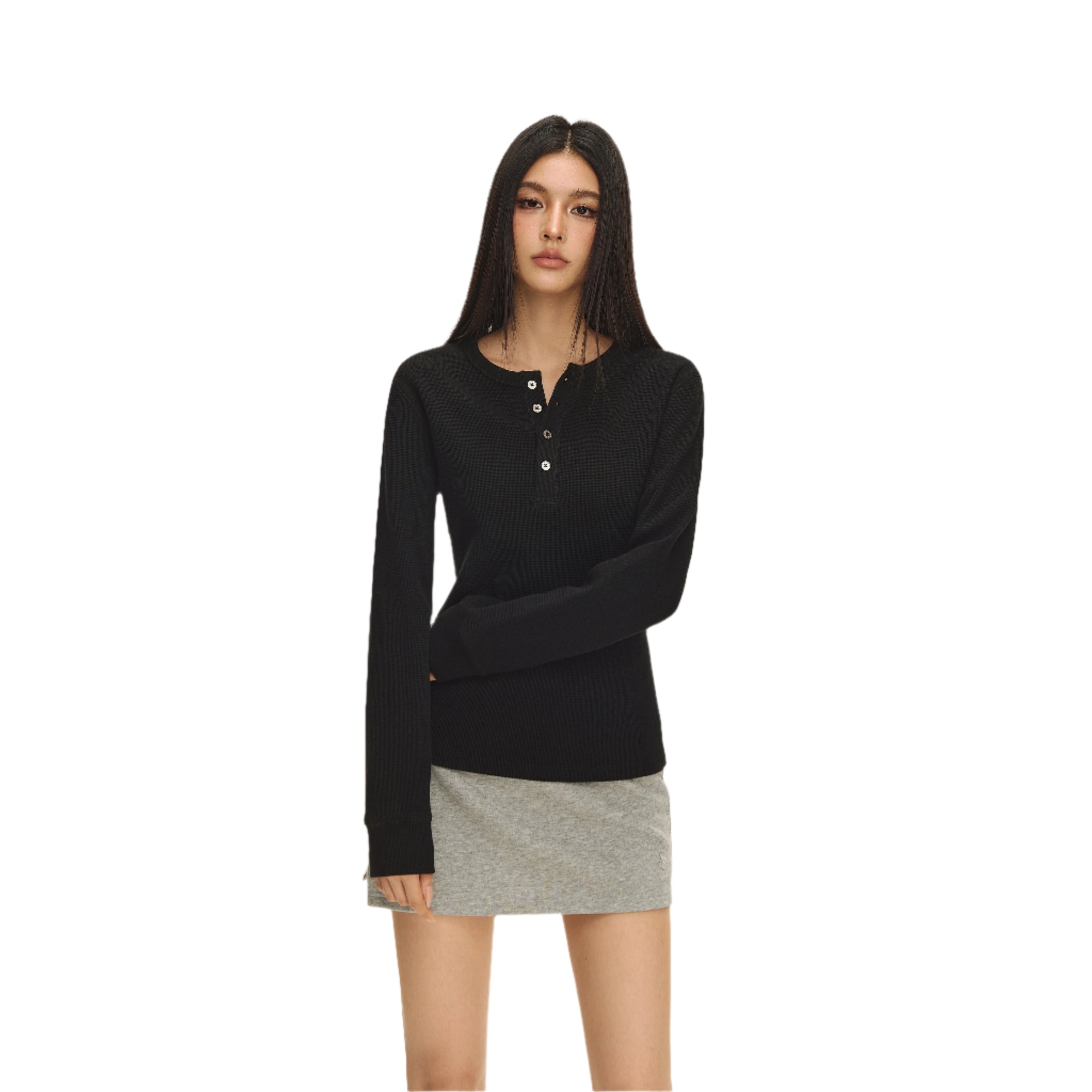 Black Waffle Texture Long Sleeve T-shirt