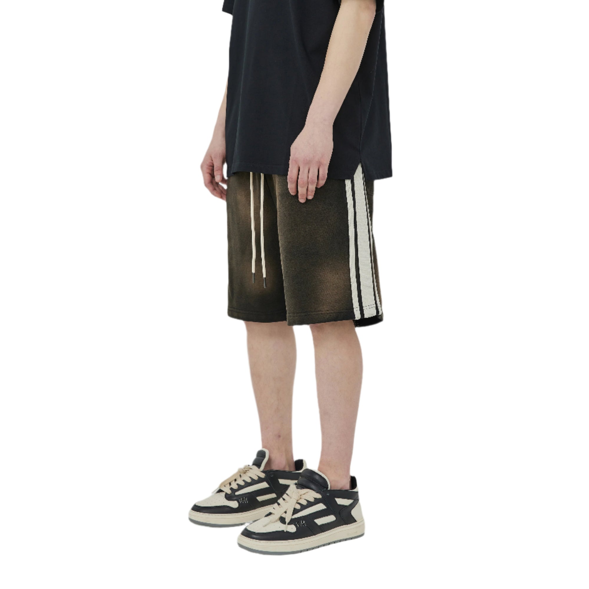 Washed Black Three-ribbon Distressed Shorts