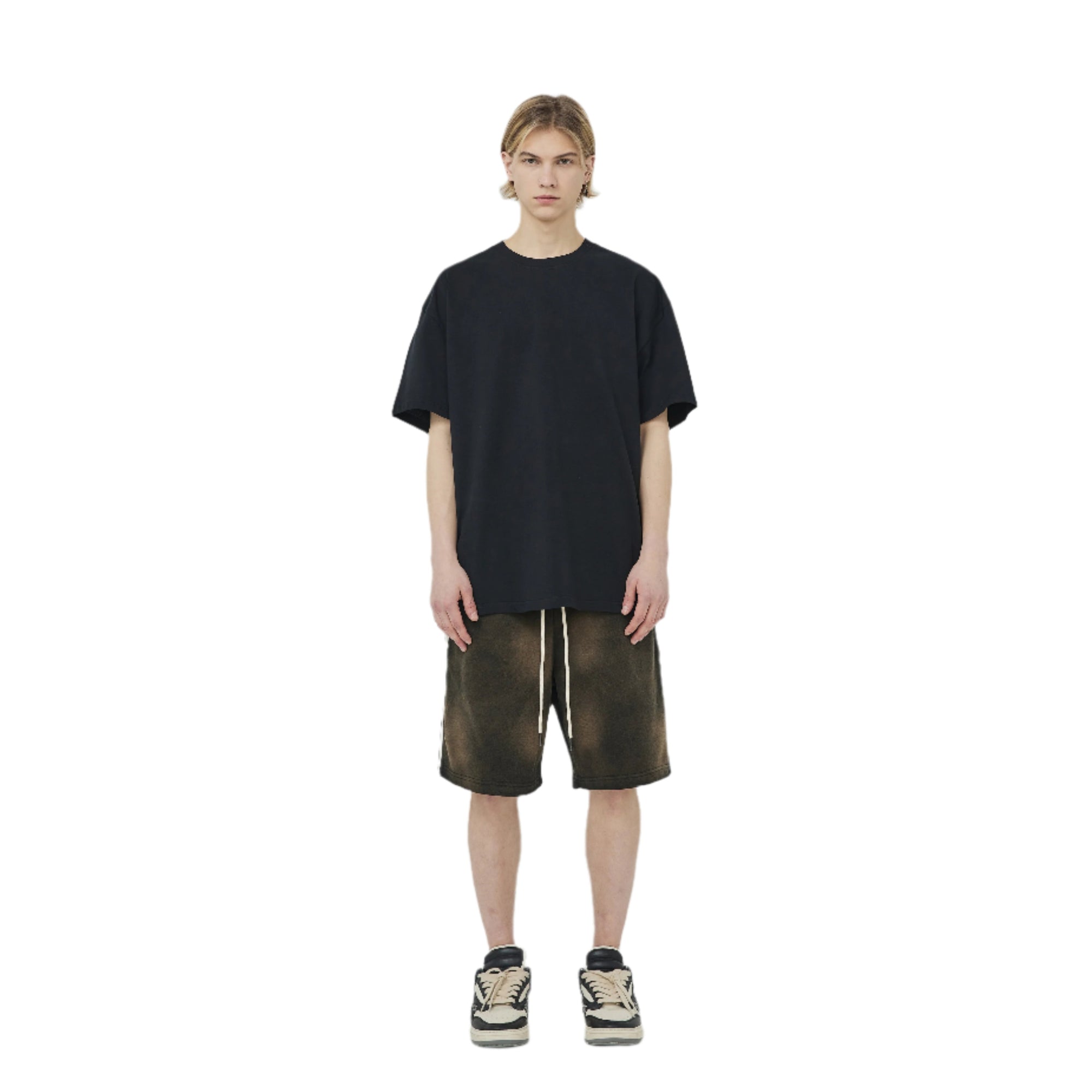 Washed Black Three-ribbon Distressed Shorts