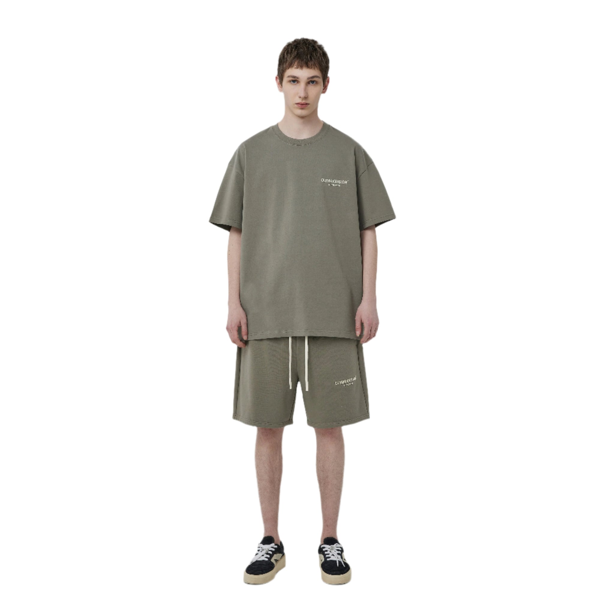 Khaki Grey Double Row Letter Flocked Short Sleeves