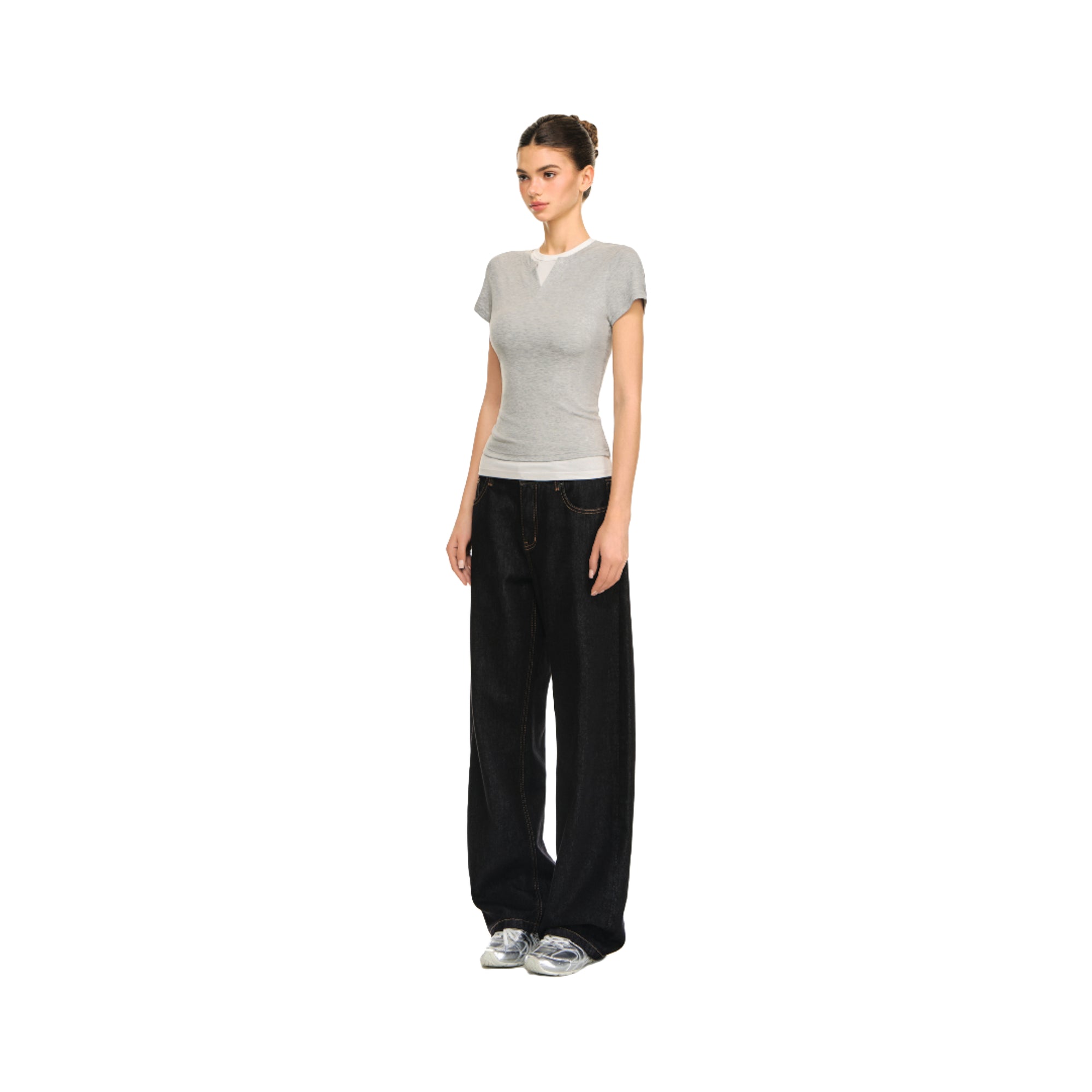 Grey Cool Fake Two-piece V-neck Short-sleeved T-shirt