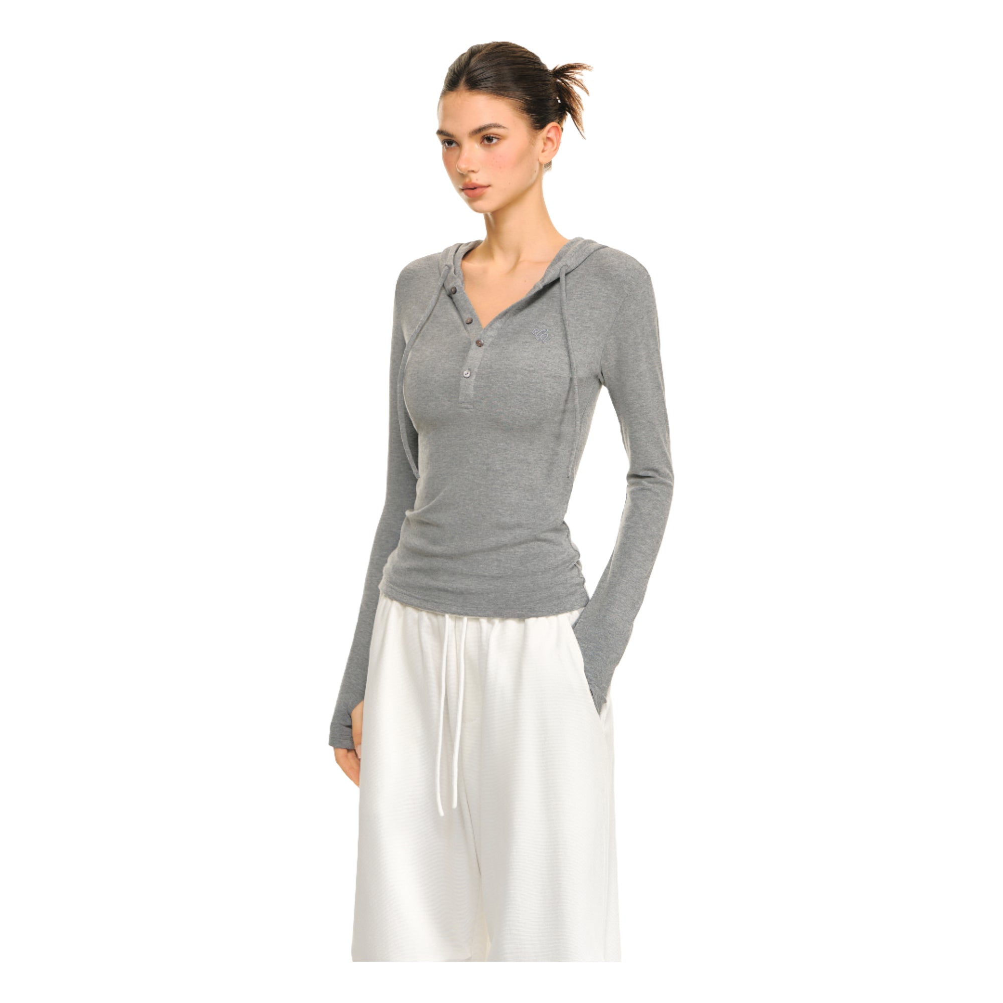 Grey Hooded Henley Collar Stretch Knitted Slim Fit Long Sleeves