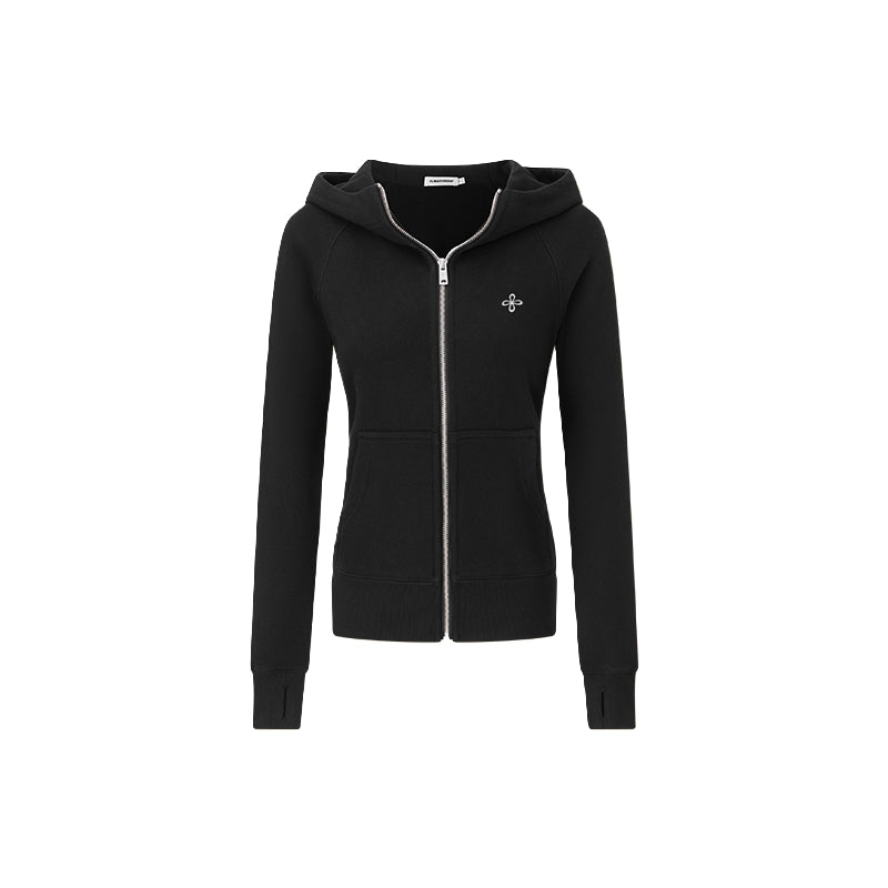 Black Knitted Turtleneck Zip-Up Fleece-Lined Hooded Sweatshirt