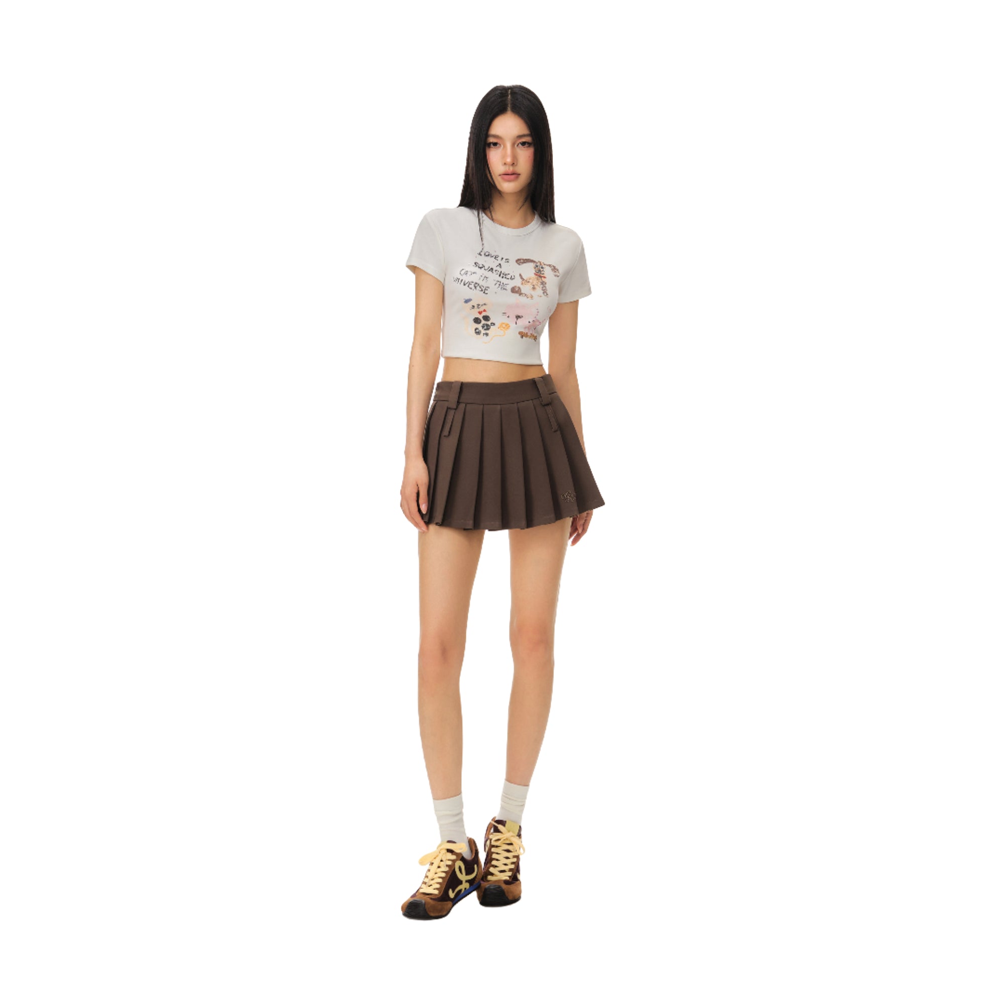 Brown CV Embroidered Double Waistband Pleated Skirt