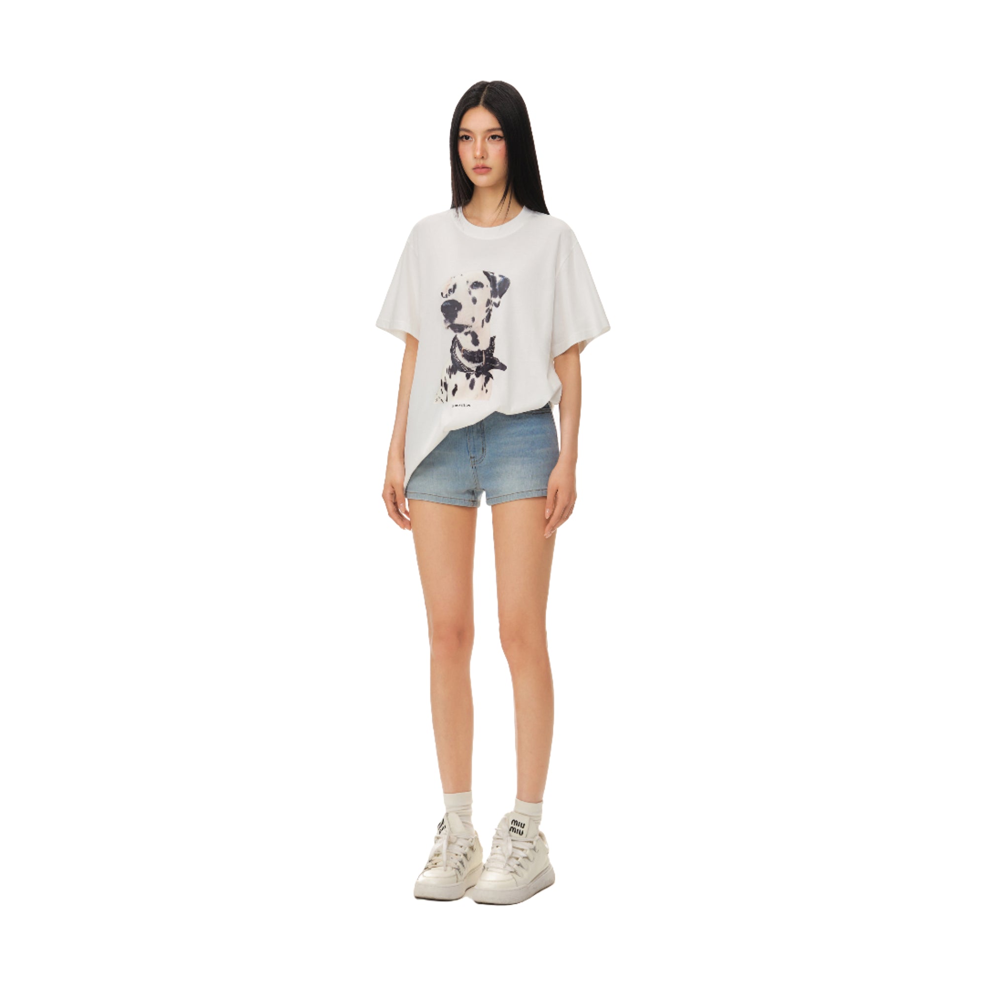 White Dalmatian Print Lightweight Crew Neck Fitted Short Sleeve T-Shirt