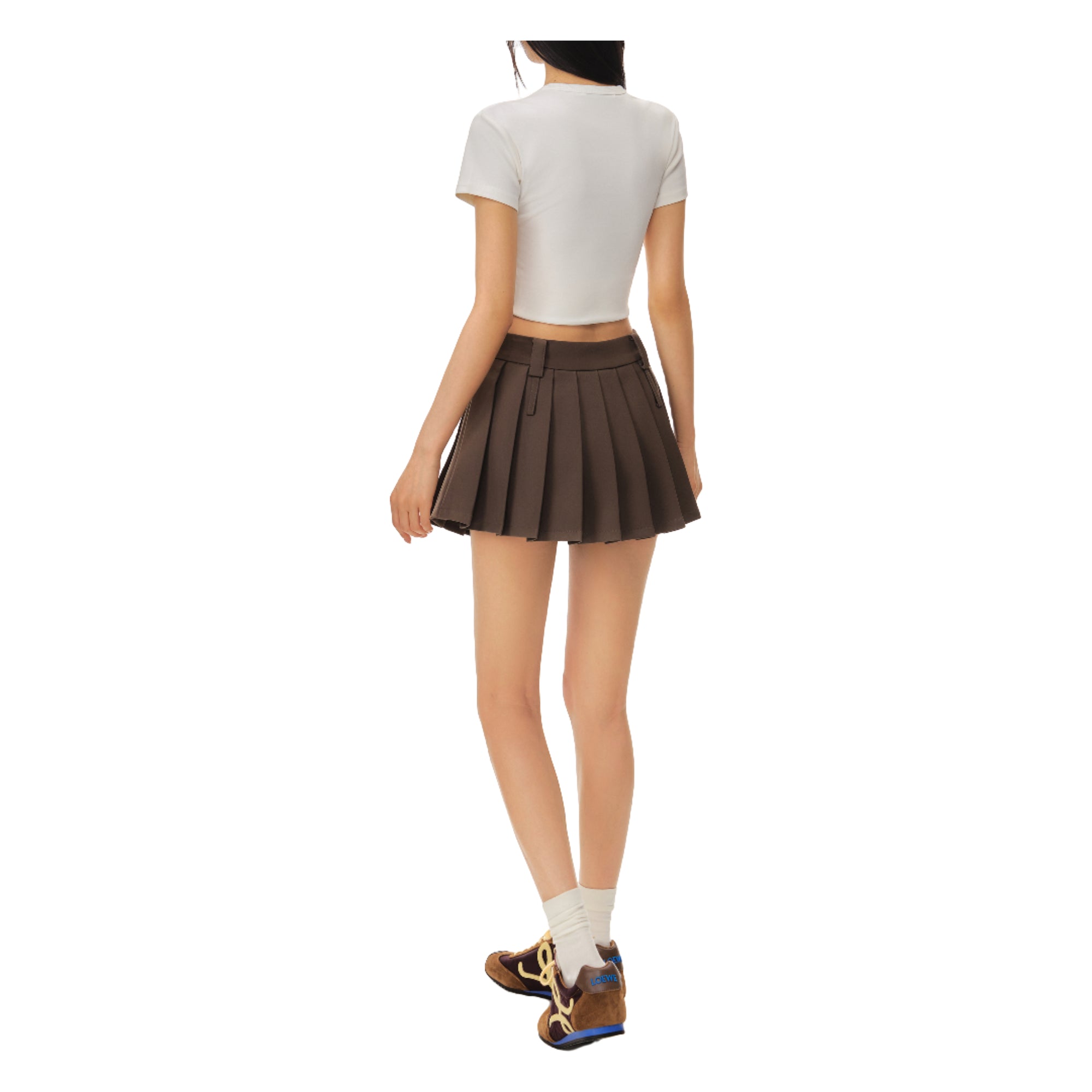 Brown CV Embroidered Double Waistband Pleated Skirt