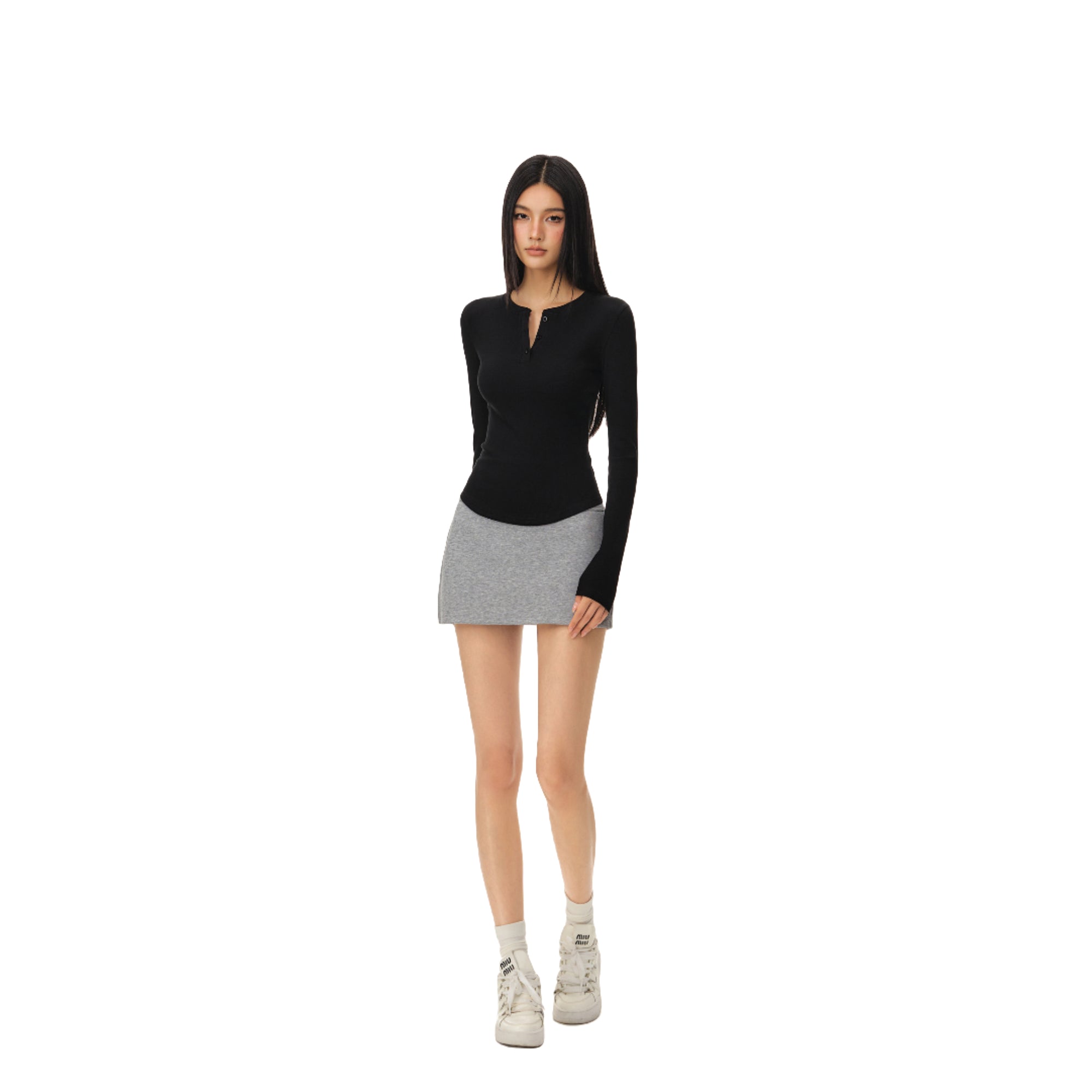 Black Stretch Slim Cut Henley Collar Long Sleeves