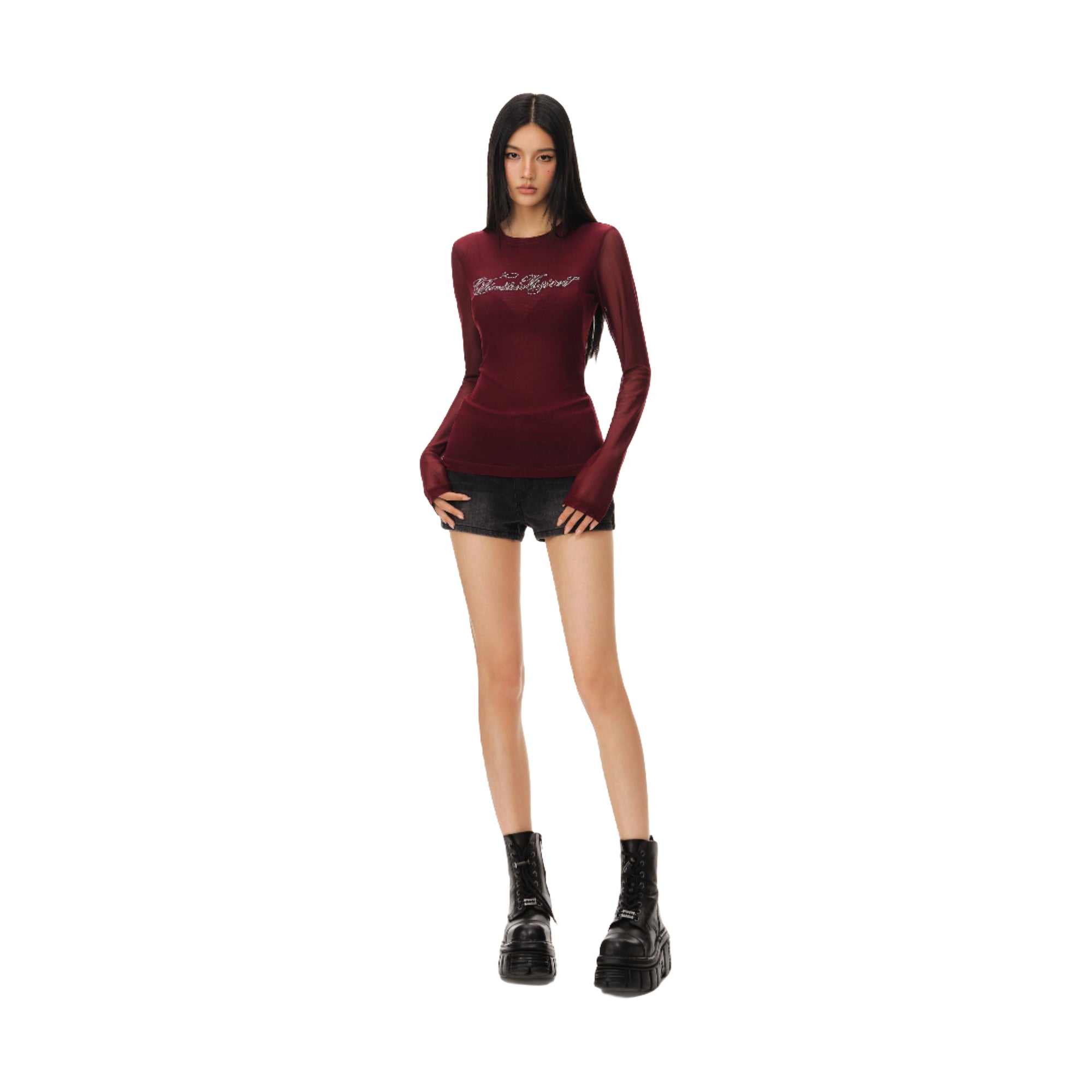 Red Millennial Mesh Elastic Hot Diamond Bottom Long Sleeve