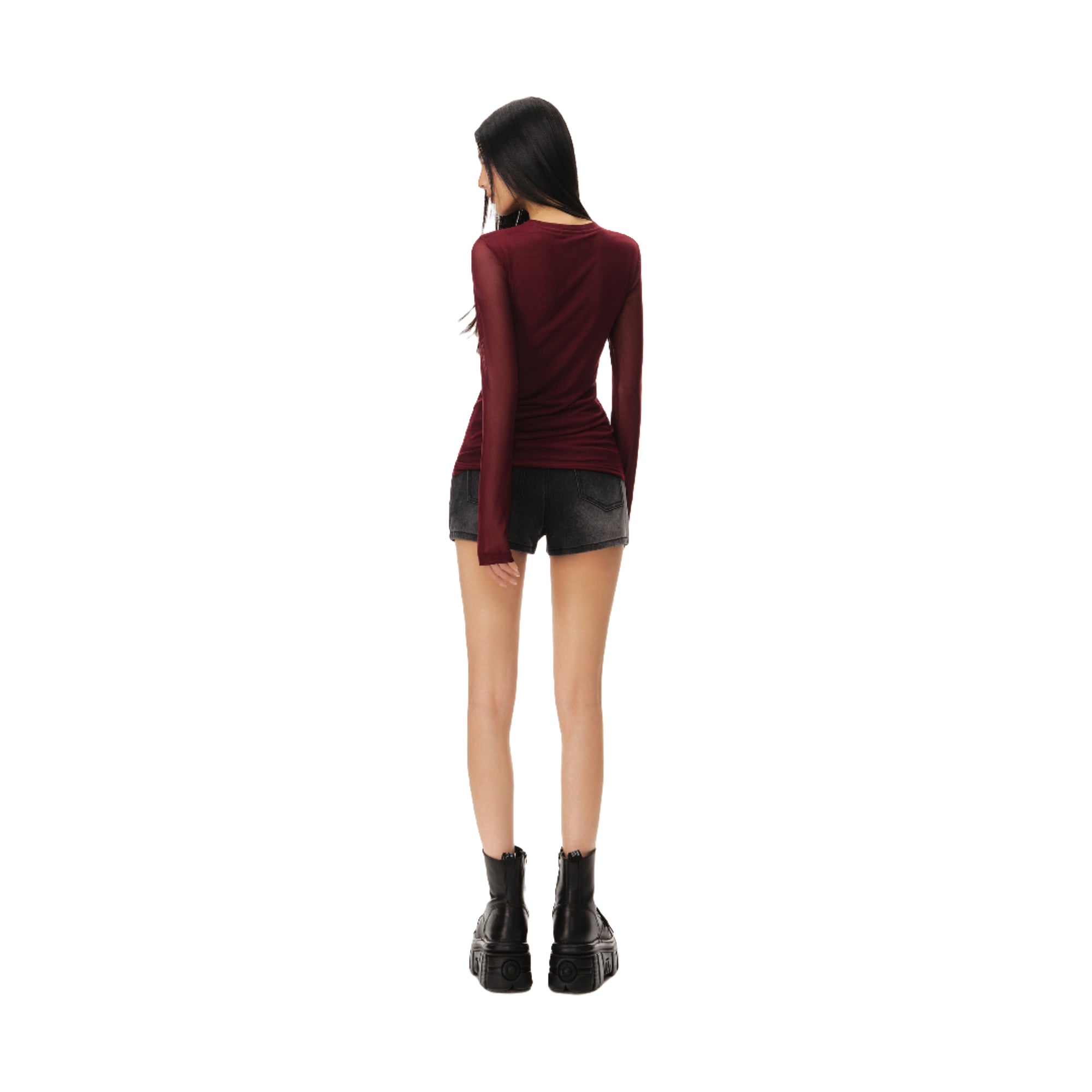 Red Millennial Mesh Elastic Hot Diamond Bottom Long Sleeve