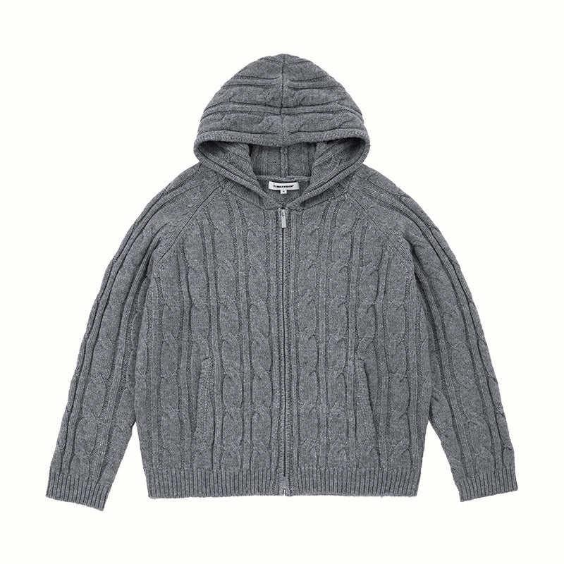 Wool Blend Cable Hooded Zip-Up Cardigan In Grey