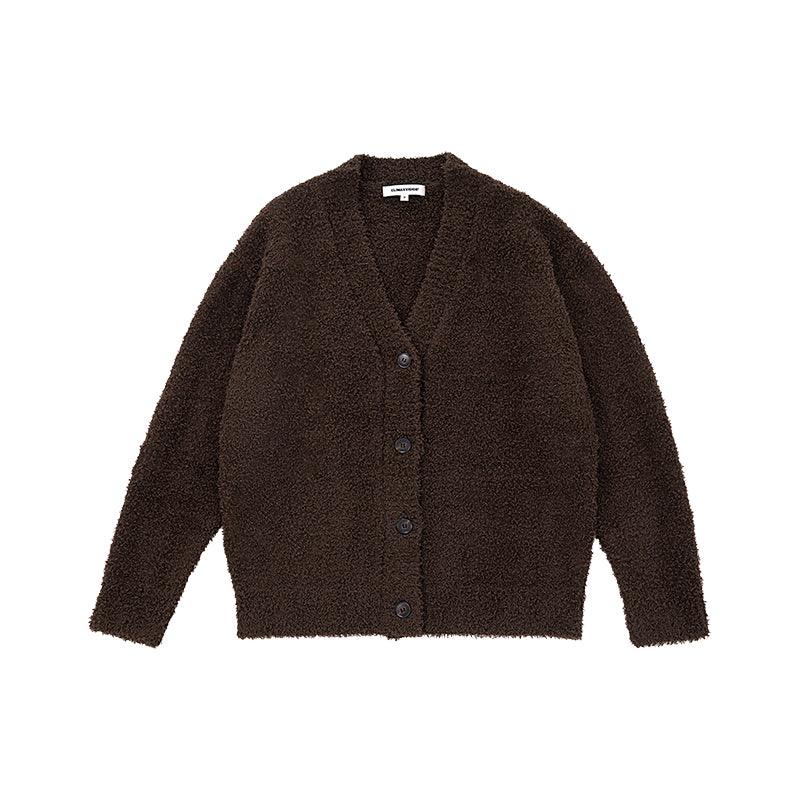 Curly Plush Special Yarn Horn Button Lazy Sweater Jacket In Brown
