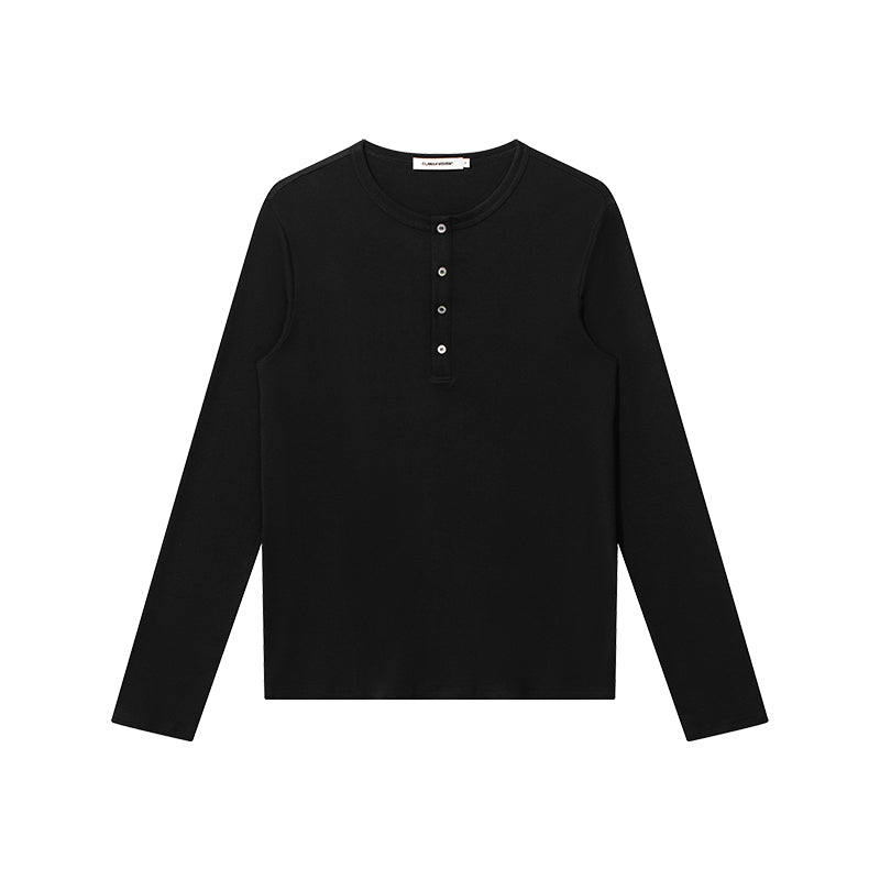 Fitted Cut Henley Button-Down Collar Wool Long Sleeves In Black