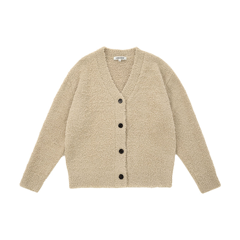 Curly Plush Special Yarn Horn Button Lazy Sweater Jacket In Khaki